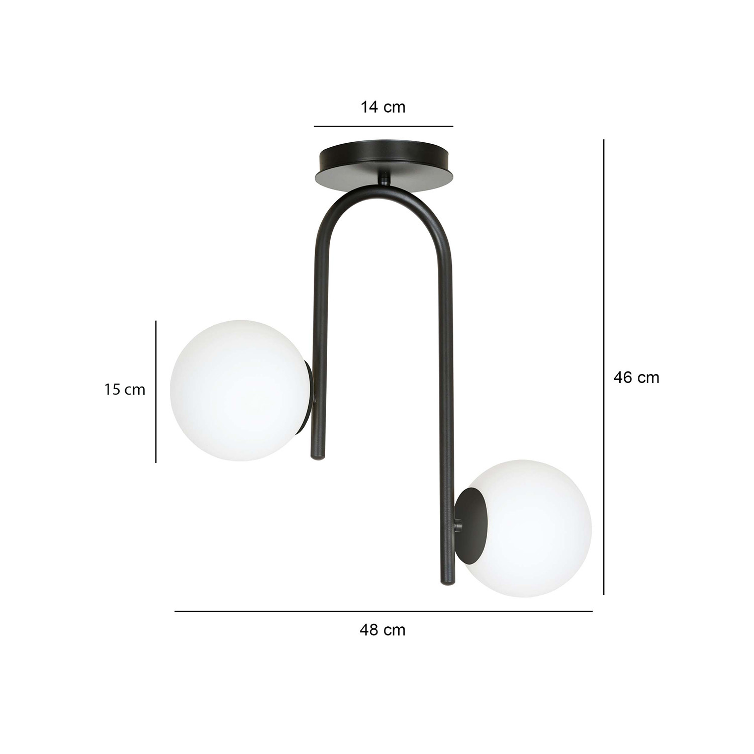 Lampadario 2 Luci Kalf In Acciaio Nero A Bracci E Sfere In Vetro Opalino 1030/2