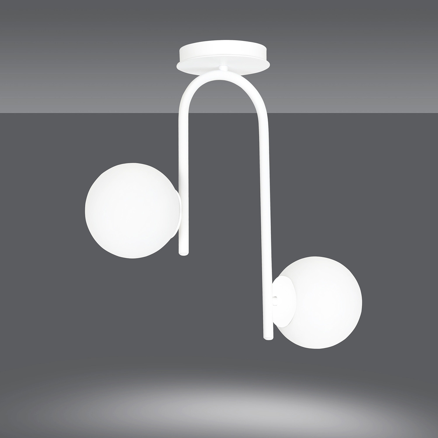 Lampadario 2 Luci Kalf In Acciaio Bianco A Bracci E Sfere In Vetro Opalino 1031/2
