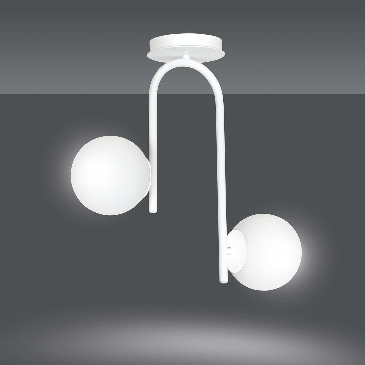 Lampadario 2 Luci Kalf In Acciaio Bianco A Bracci E Sfere In Vetro Opalino 1031/2