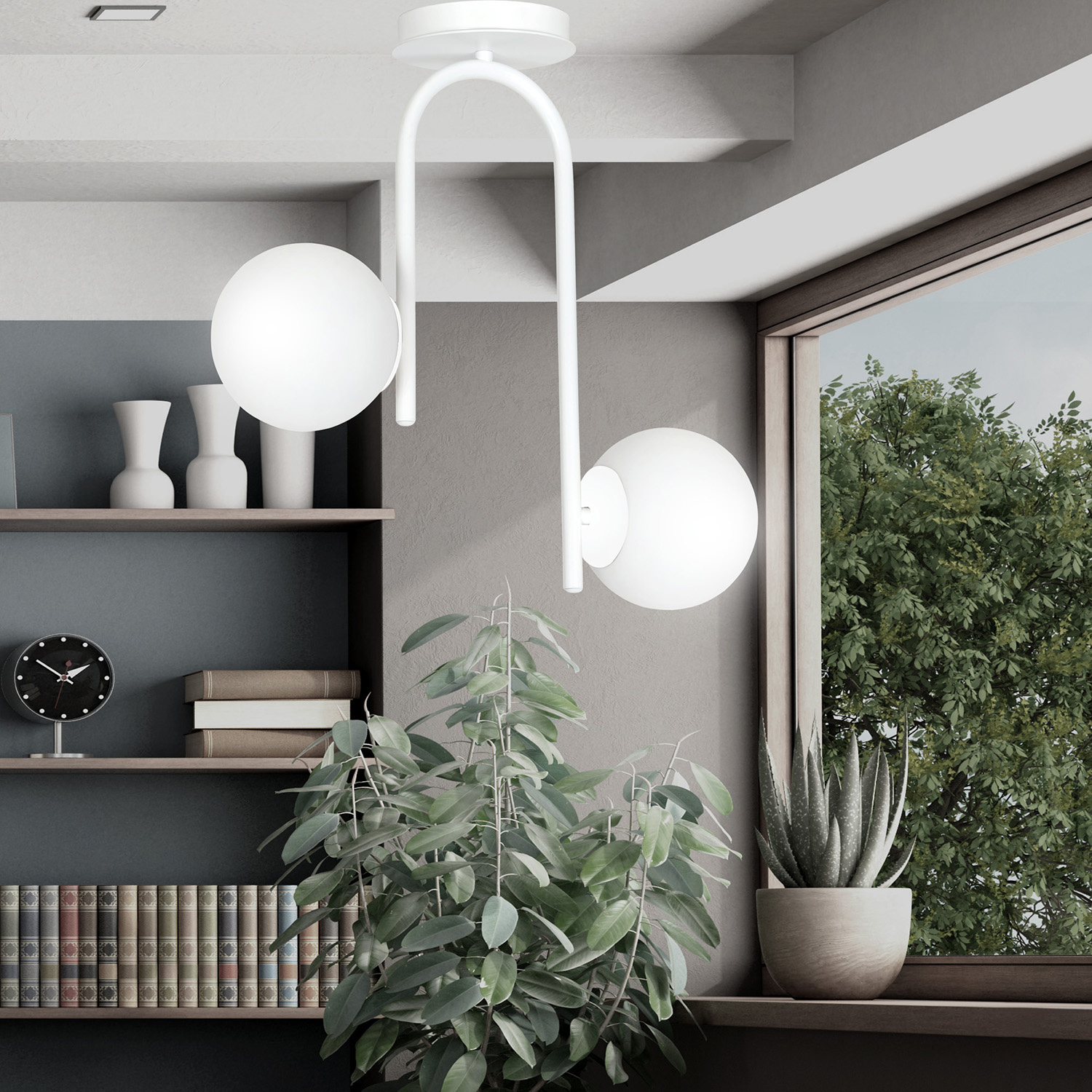 Lampadario 2 Luci Kalf In Acciaio Bianco A Bracci E Sfere In Vetro Opalino 1031/2