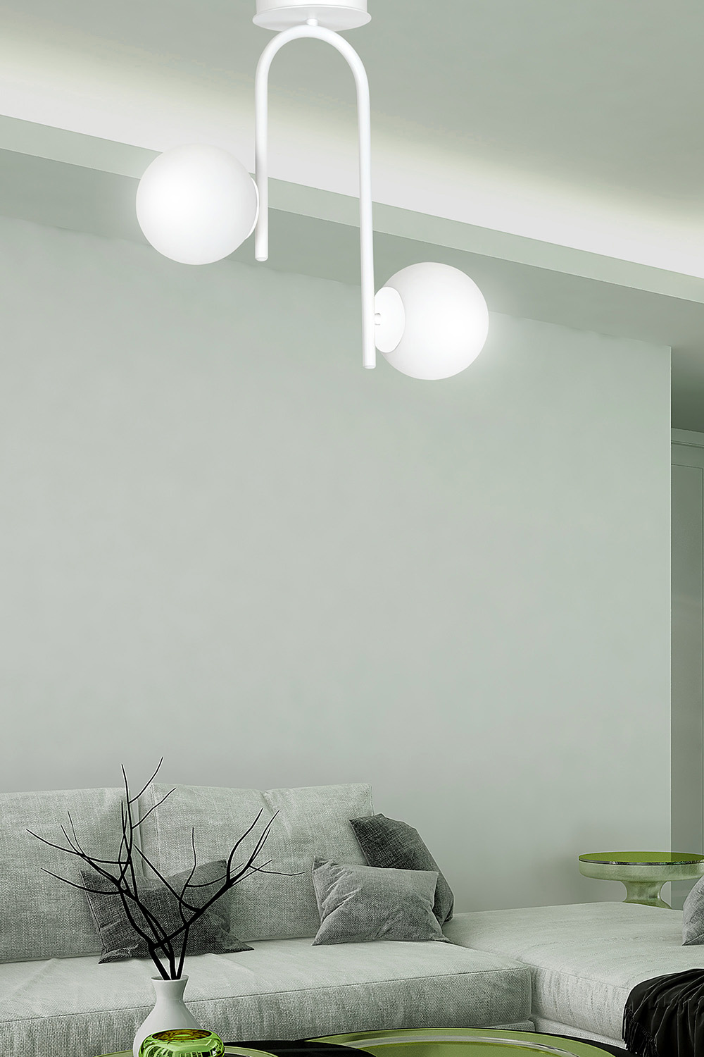 Lampadario 2 Luci Kalf In Acciaio Bianco A Bracci E Sfere In Vetro Opalino 1031/2