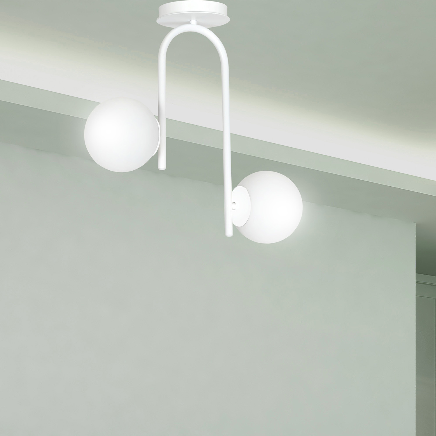 Lampadario 2 Luci Kalf In Acciaio Bianco A Bracci E Sfere In Vetro Opalino 1031/2