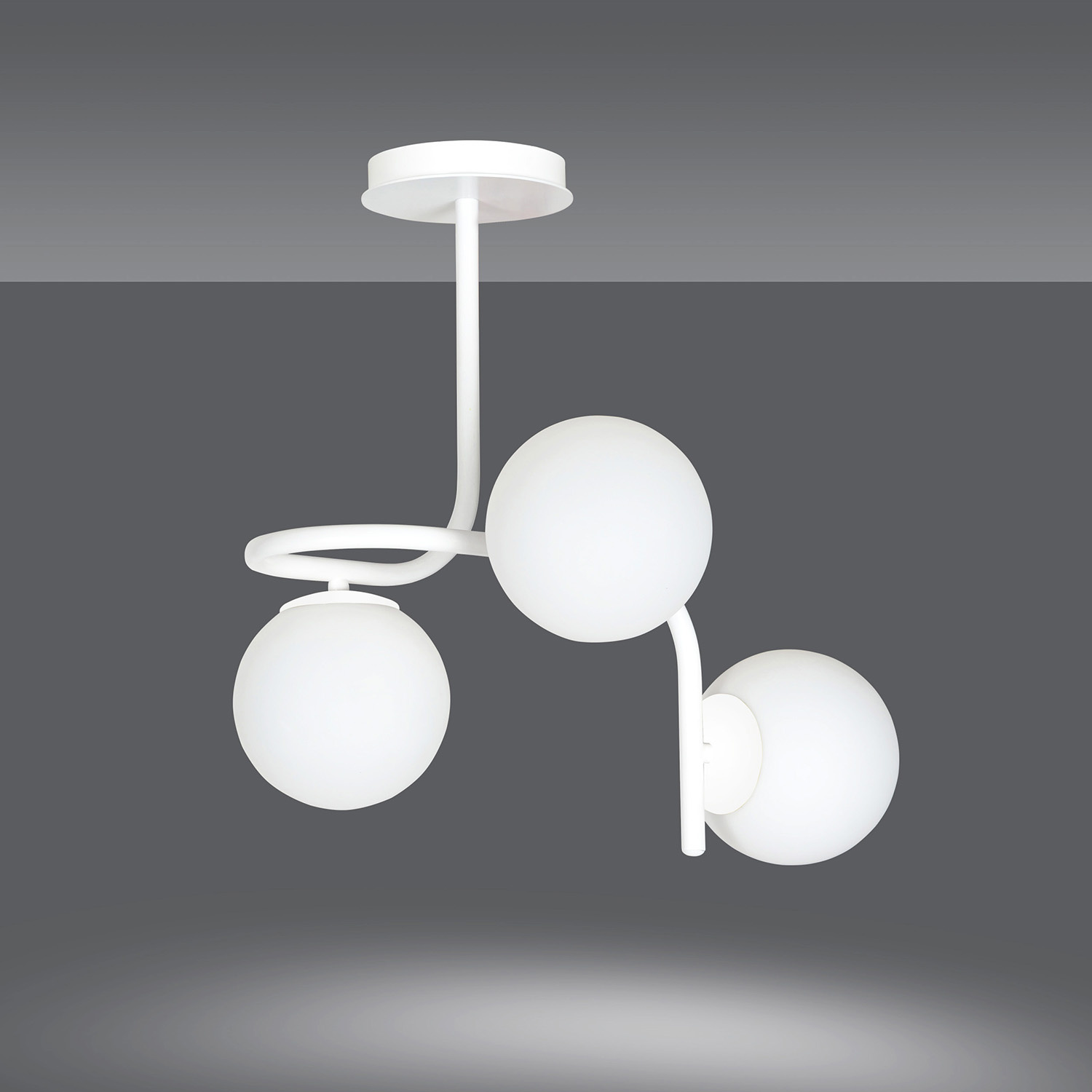 Lampadario 3 Luci Kalf In Acciaio Bianco A Bracci E Sfere In Vetro Opalino 1031/3