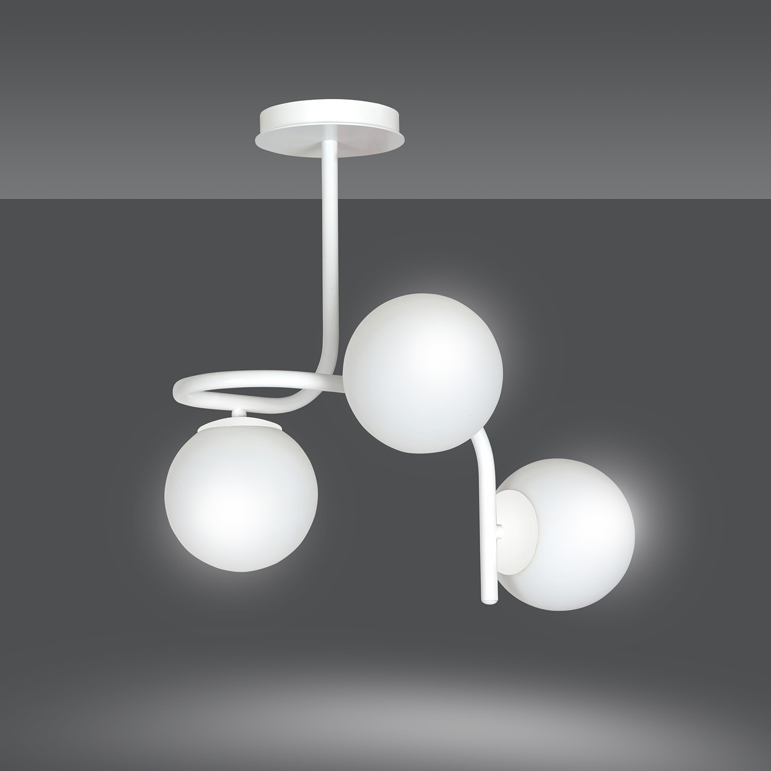 Lampadario 3 Luci Kalf In Acciaio Bianco A Bracci E Sfere In Vetro Opalino 1031/3