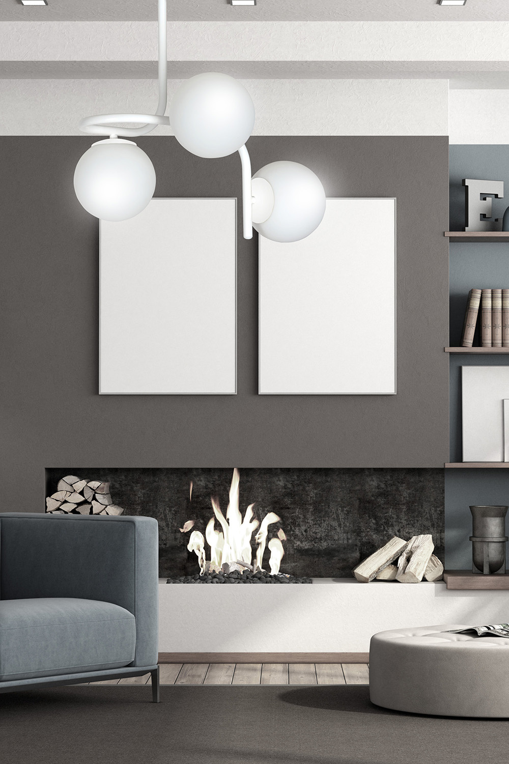 Lampadario 3 Luci Kalf In Acciaio Bianco A Bracci E Sfere In Vetro Opalino 1031/3