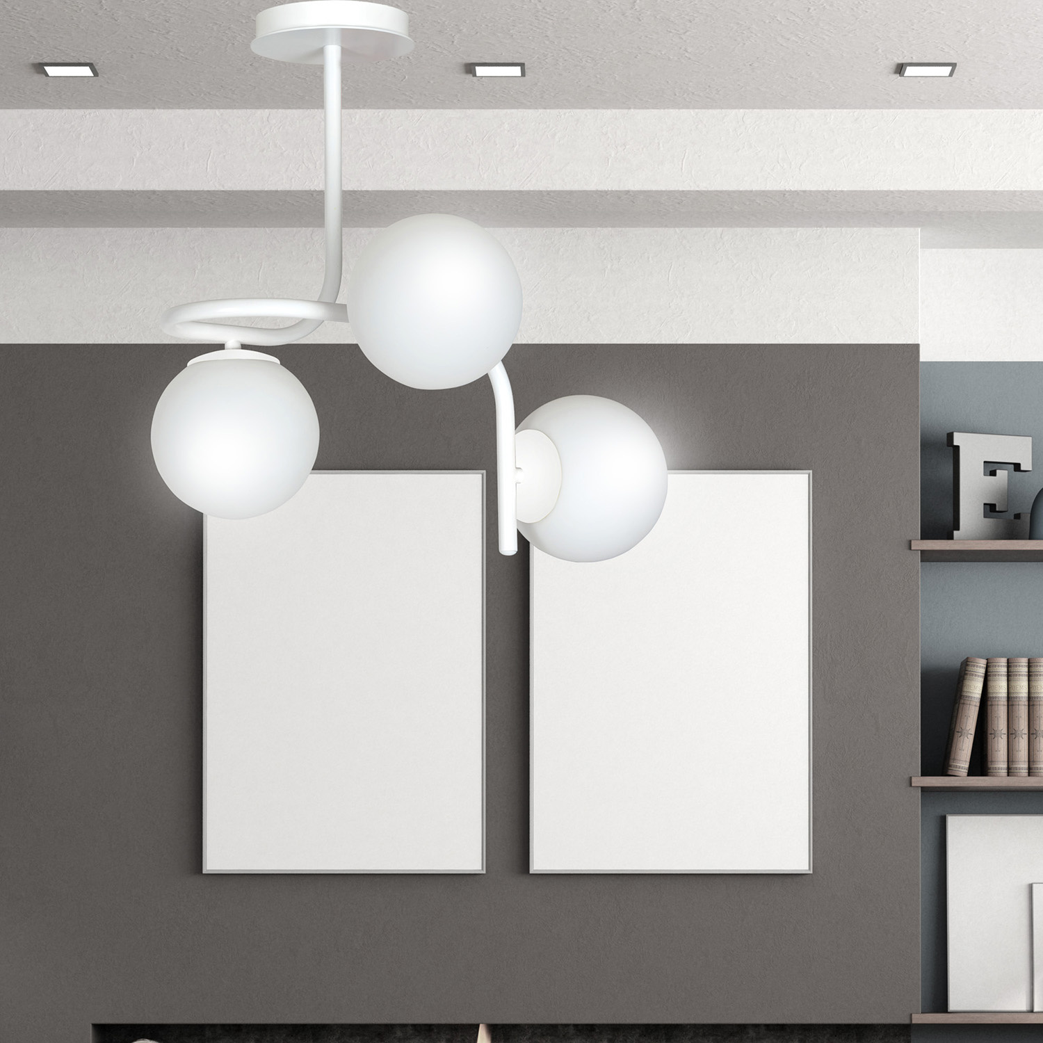 Lampadario 3 Luci Kalf In Acciaio Bianco A Bracci E Sfere In Vetro Opalino 1031/3