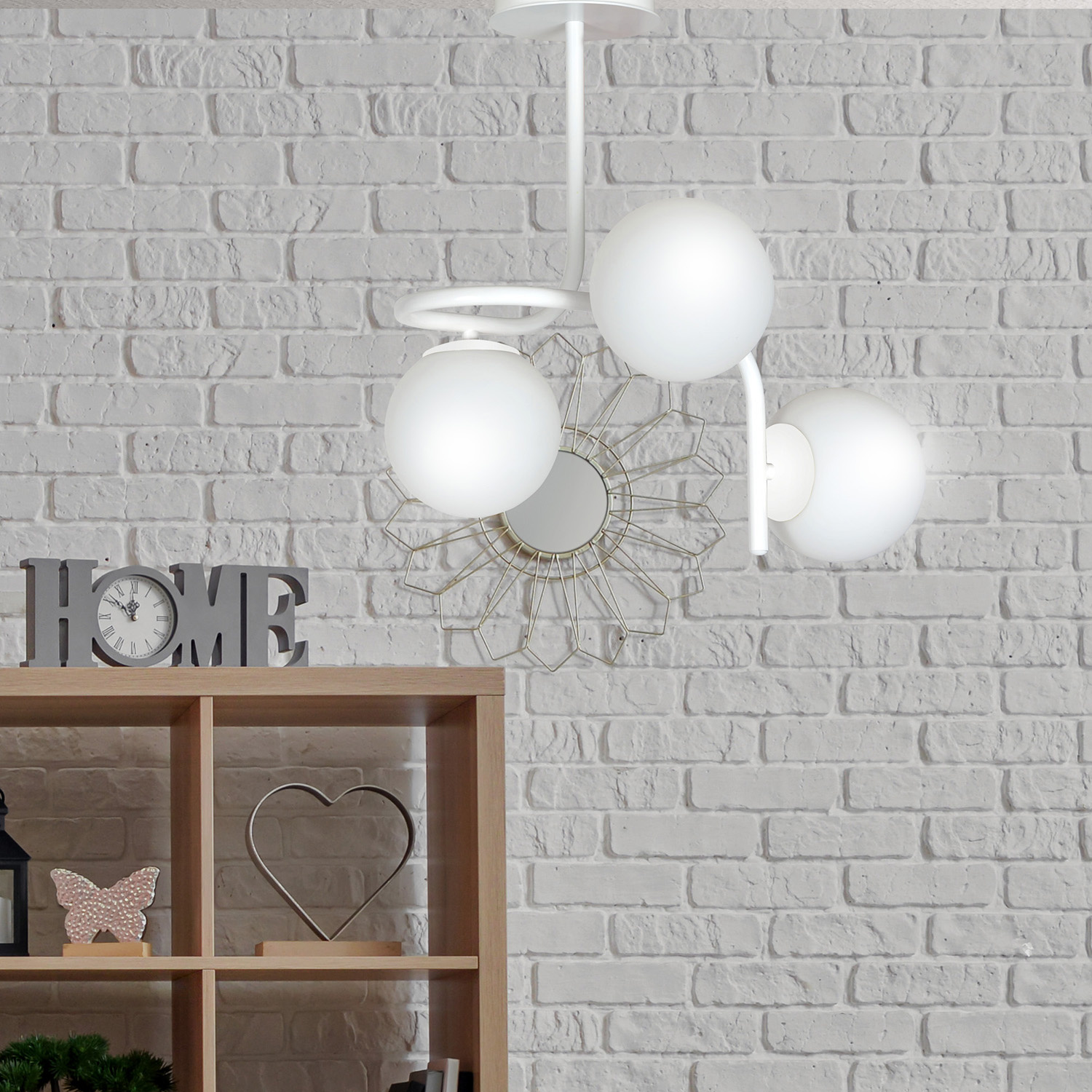 Lampadario 3 Luci Kalf In Acciaio Bianco A Bracci E Sfere In Vetro Opalino 1031/3