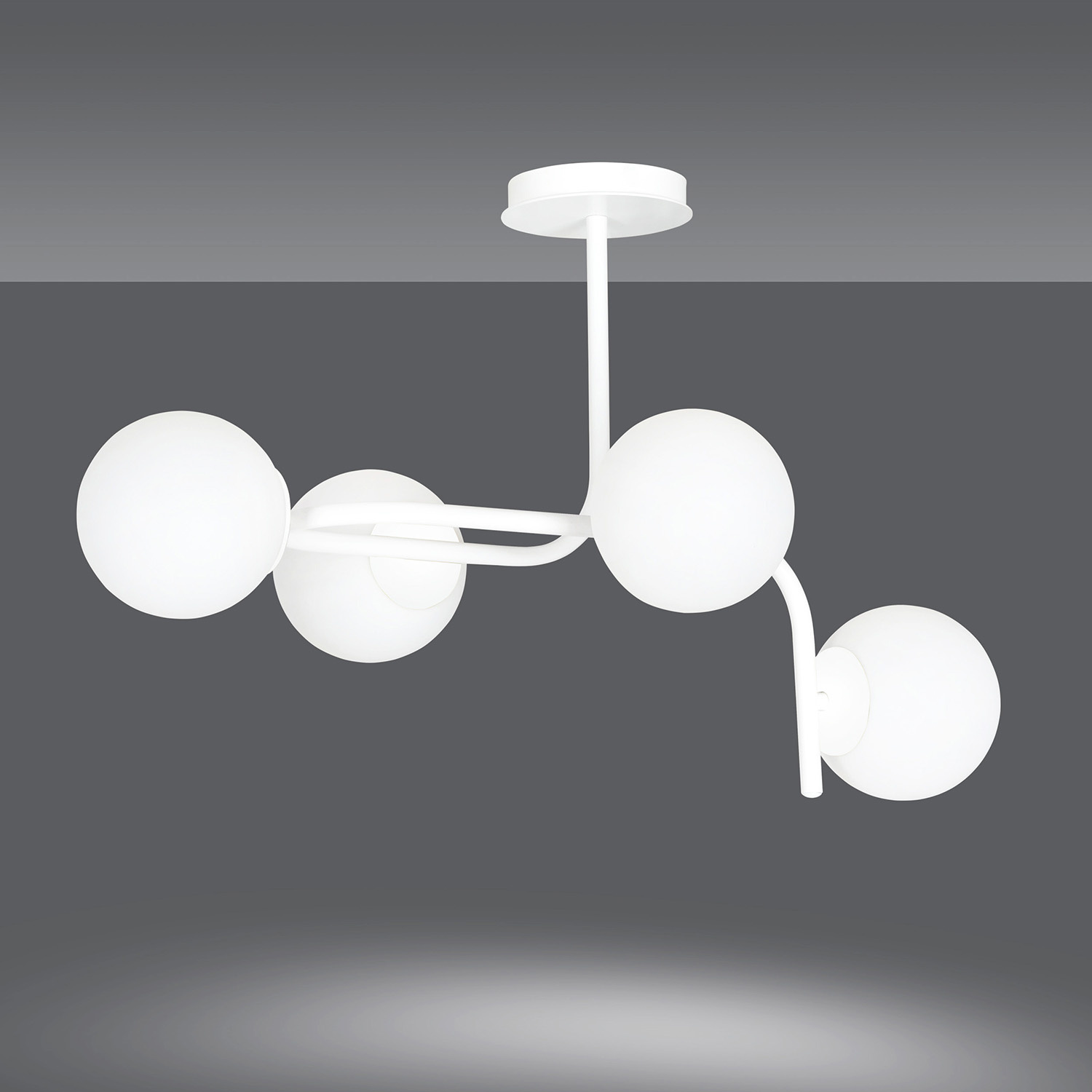 Lampadario 4 Luci Kalf In Acciaio Bianco A Bracci Curvi E Sfere In Vetro Opalino 1031/4A