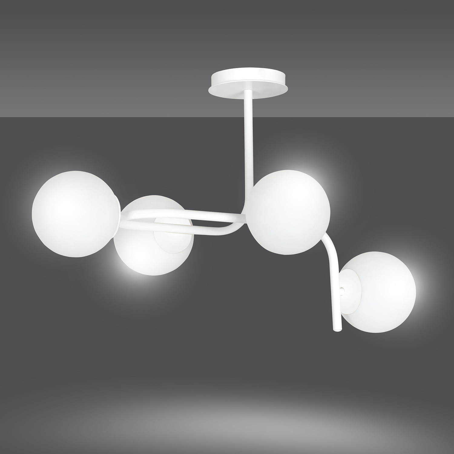 Lampadario 4 Luci Kalf In Acciaio Bianco A Bracci Curvi E Sfere In Vetro Opalino 1031/4A