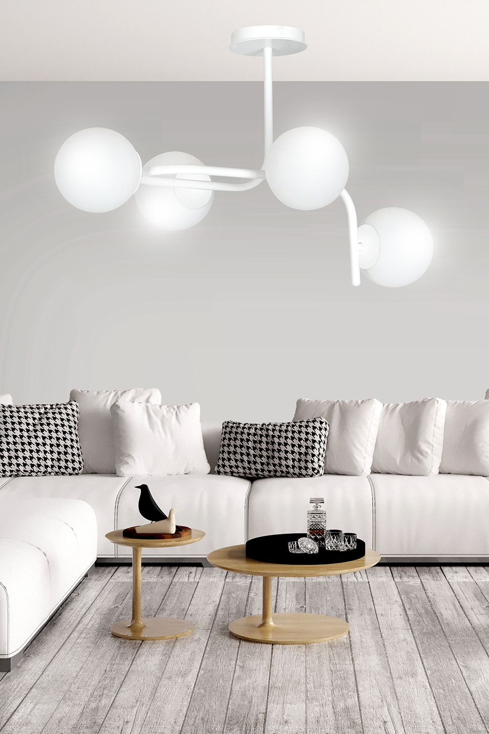 Lampadario 4 Luci Kalf In Acciaio Bianco A Bracci Curvi E Sfere In Vetro Opalino 1031/4A
