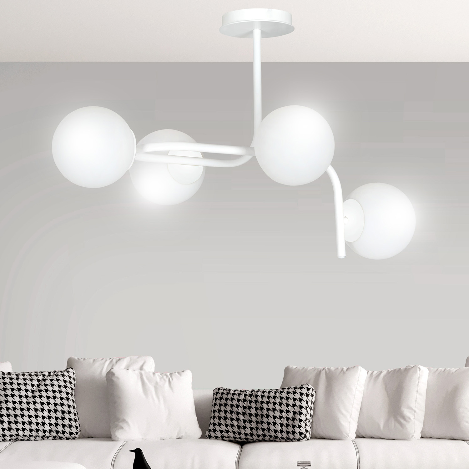 Lampadario 4 Luci Kalf In Acciaio Bianco A Bracci Curvi E Sfere In Vetro Opalino 1031/4A