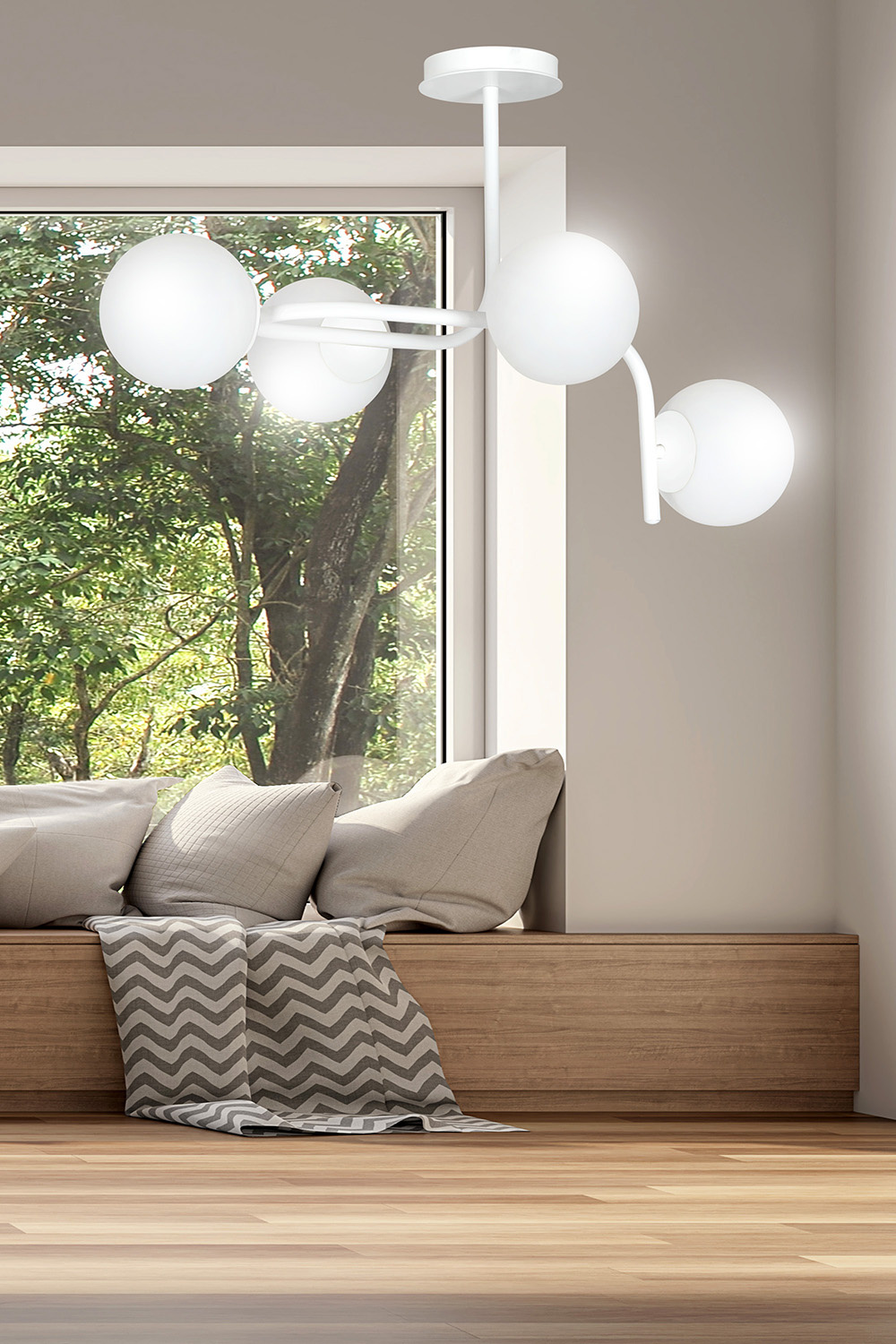 Lampadario 4 Luci Kalf In Acciaio Bianco A Bracci Curvi E Sfere In Vetro Opalino 1031/4A