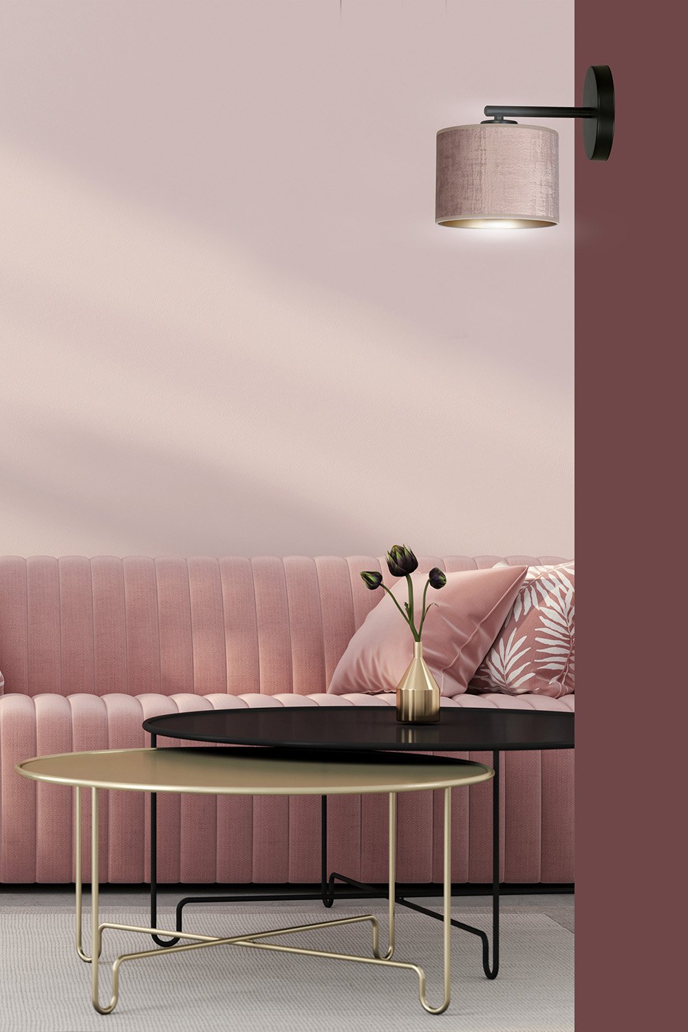 Applique 1 Luce Hilde In Acciaio Nero E Paralume In Tessuto Rosa 1053/K1