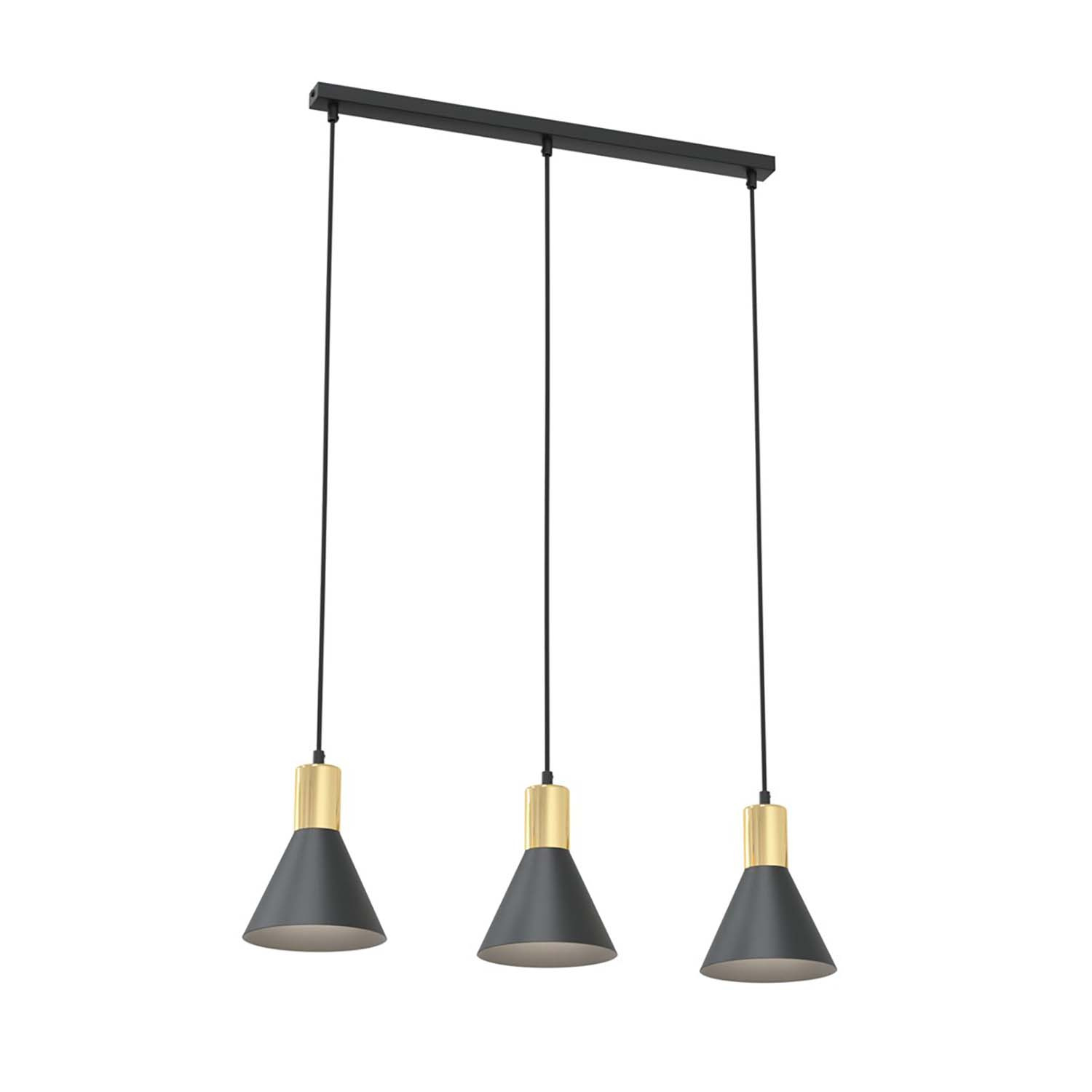 Lampadario 3 Luci Rosa In Acciaio Nero E Paralumi Conici Nero E Oro 1388/3