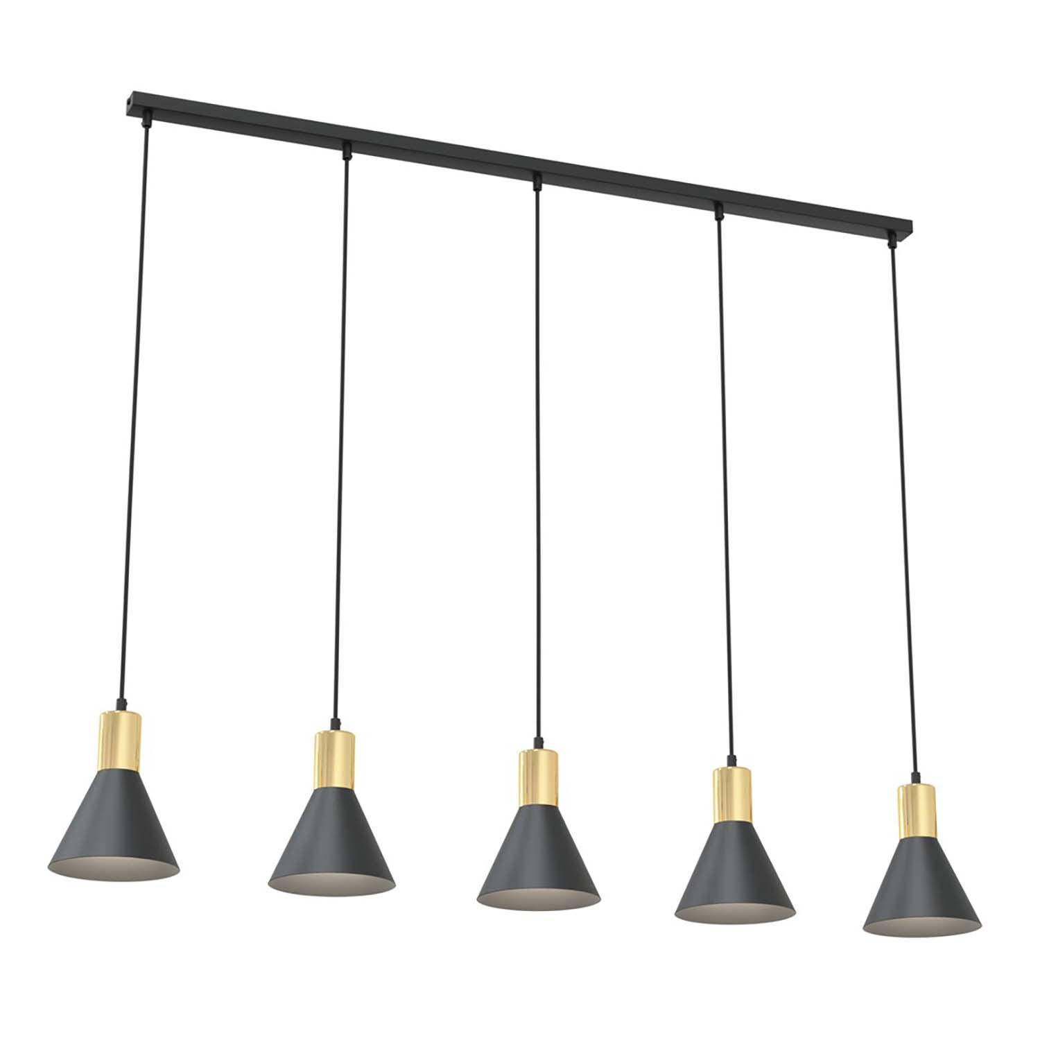 Lampadario 5 Luci Rosa In Acciaio Nero E Paralumi Conici Nero E Oro 1388/5