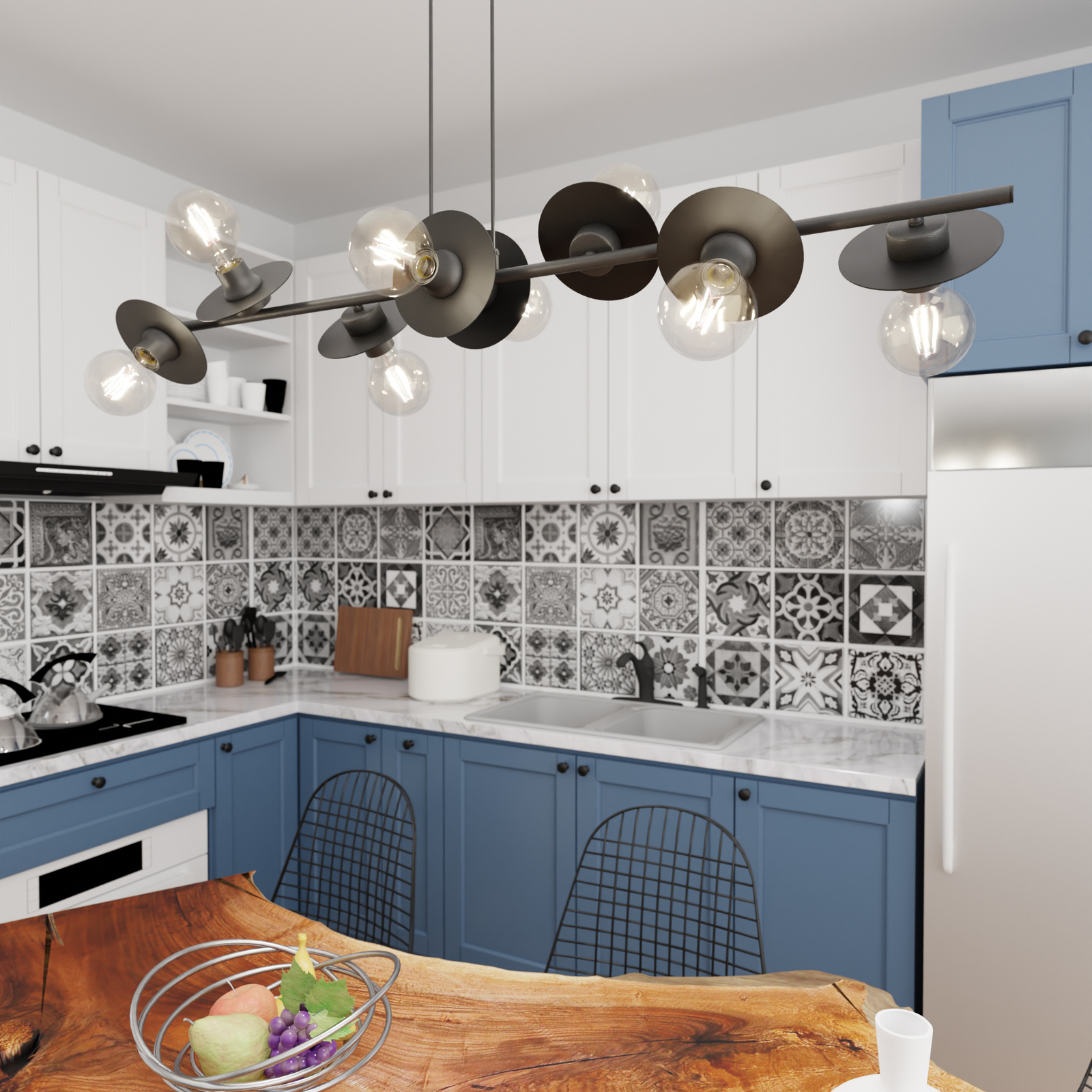 Lampadario 8 Luci Token In Acciaio Nero Con Barra E Diffusori A Piatti 1426/8