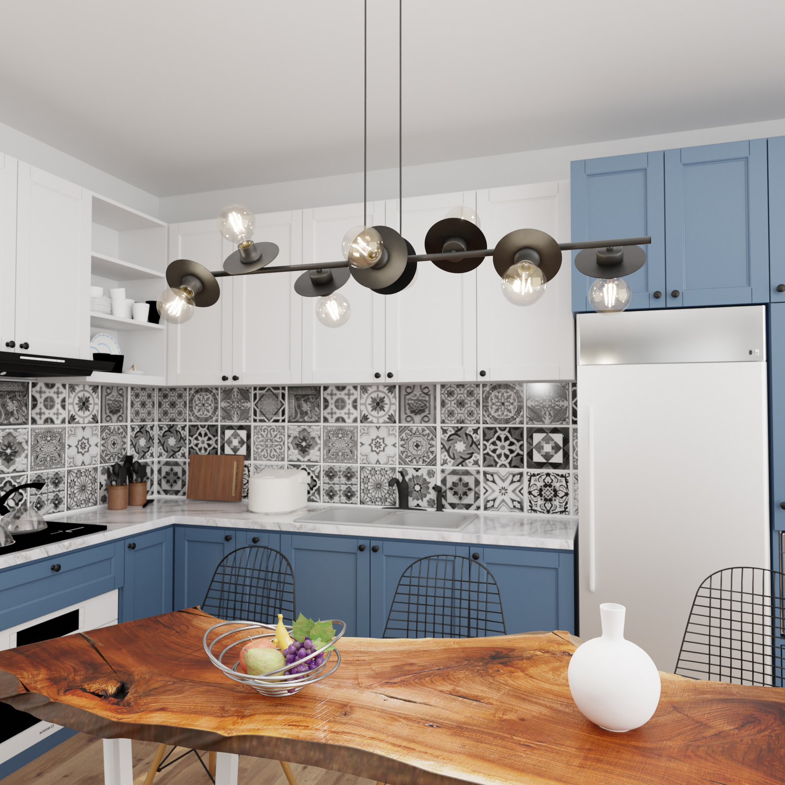 Lampadario 8 Luci Token In Acciaio Nero Con Barra E Diffusori A Piatti 1426/8