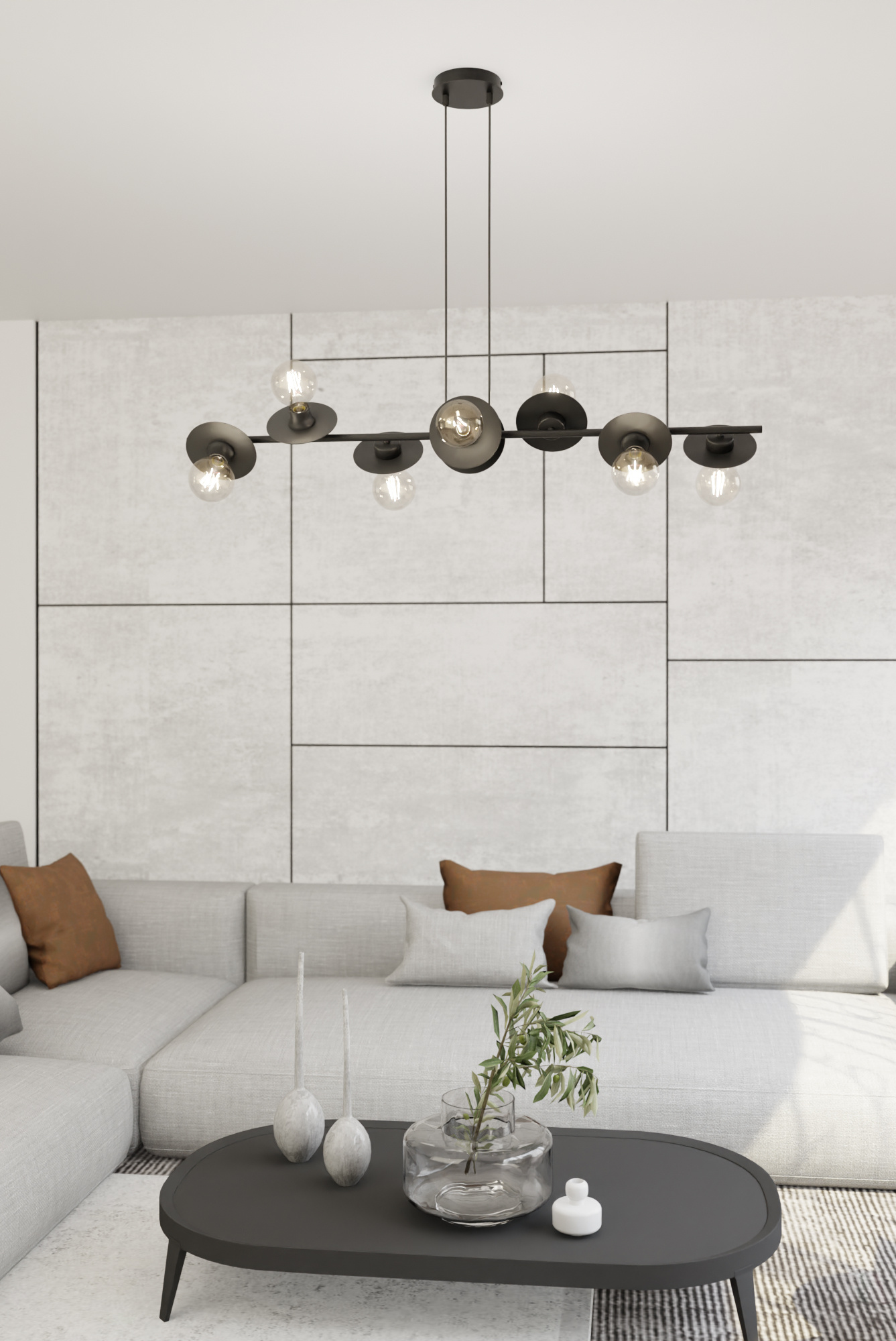 Lampadario 8 Luci Token In Acciaio Nero Con Barra E Diffusori A Piatti 1426/8