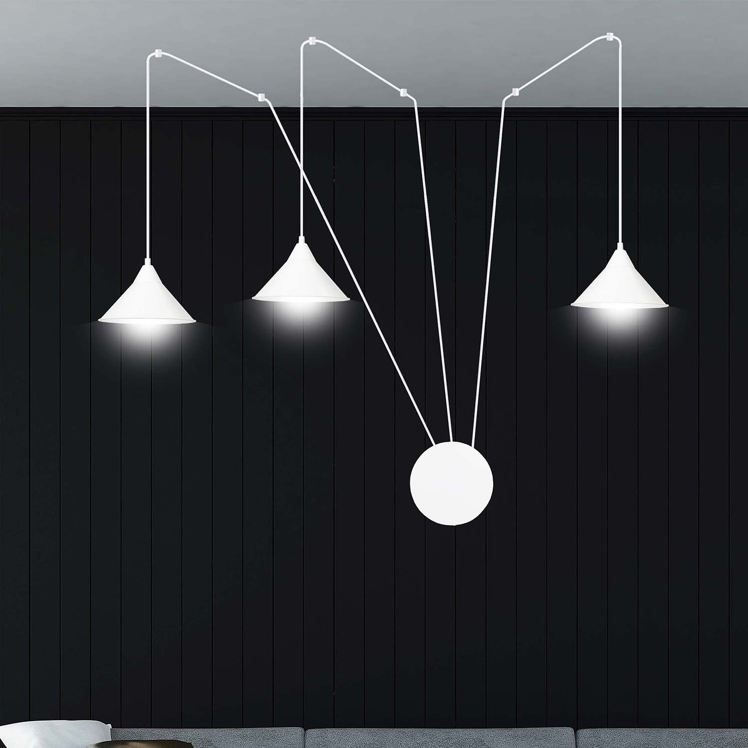 Sospensione Minimal 3 Luci Abramo In Acciao Bianco E Paralume A Cono 159/3