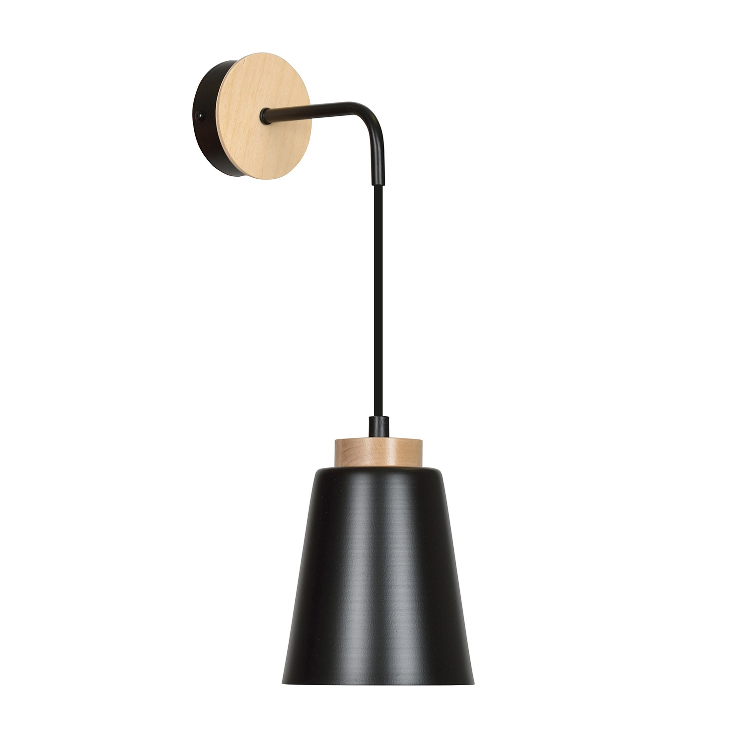 Applique 1 Luce Bolero A Cono In Acciaio Nero E Legno Naturale 442/K1