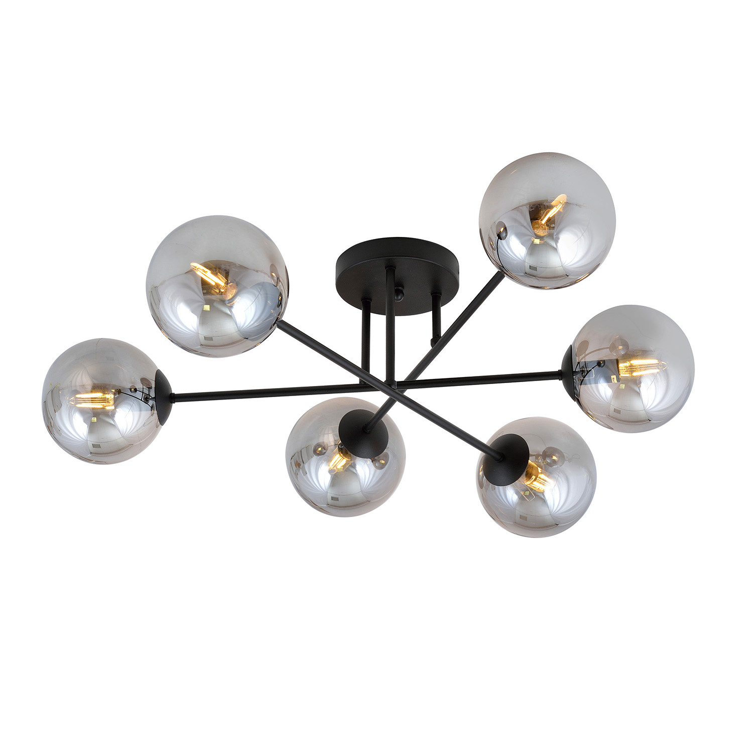 Plafoniera 6 Luci Brandi In Acciaio Nero A Bracci E Sfere In Vetro Fumè 832/6B