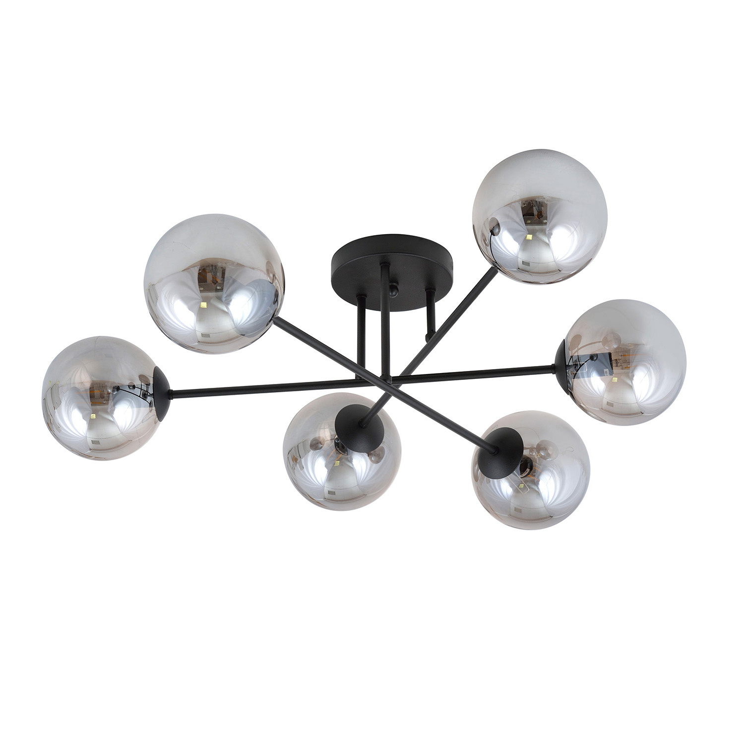 Plafoniera 6 Luci Brandi In Acciaio Nero A Bracci E Sfere In Vetro Fumè 832/6B