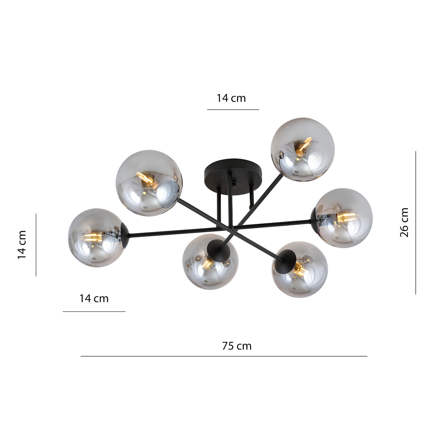 Plafoniera 6 Luci Brandi In Acciaio Nero A Bracci E Sfere In Vetro Fumè 832/6B
