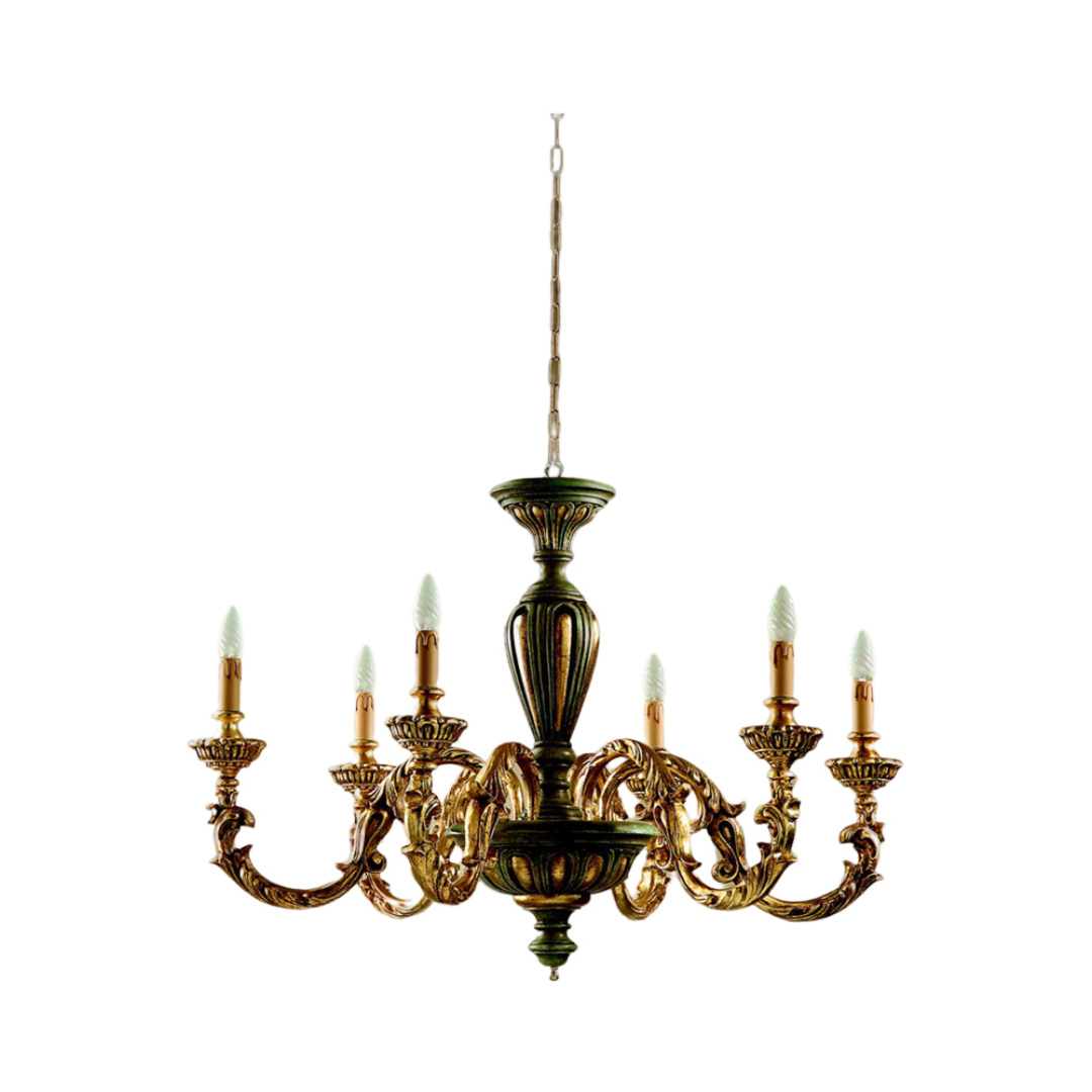 Lampadario In Legno Classico Verde Etrusco Oro 6 Luci Piccione | Lampadari e Sospensioni | Luce Art Shop Lampadario In Legno Classico Verde Etrusco Oro 6 Luci Piccione | LuceArt