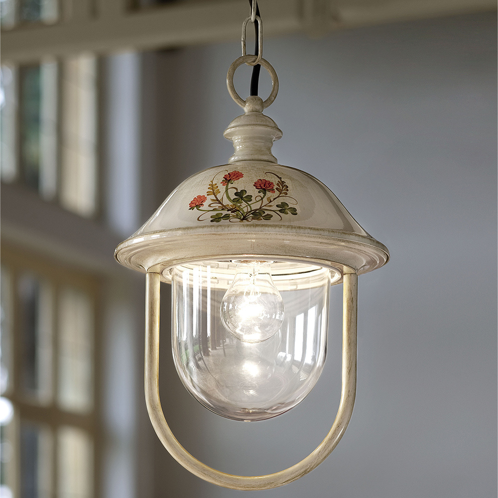 Sospensione Esterno Classica Bari Metallo Ceramica Bianco Sfumato Oro 1 Luce E27 A302-BO-43-DEC-TRS