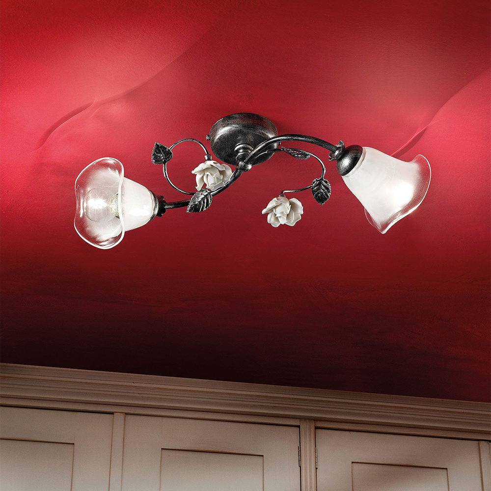 Plafoniera Classica Siena Metallo E Ceramica Nero Sfumato Argento 2 Luci E14 C1184-2-NA-02