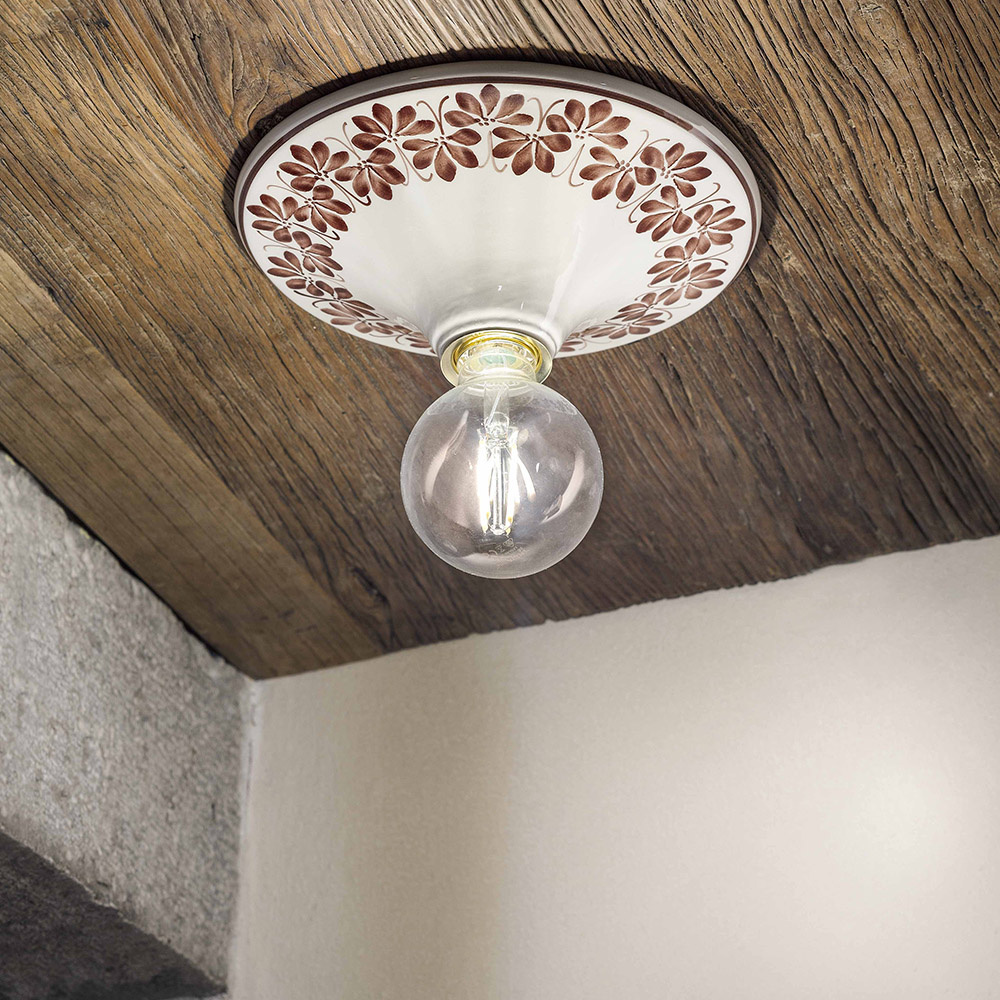 Plafoniera Grande Classica Trieste Bianco Decorato Filo Marrone 1 Luce E27 C134-28-DEC-WOM