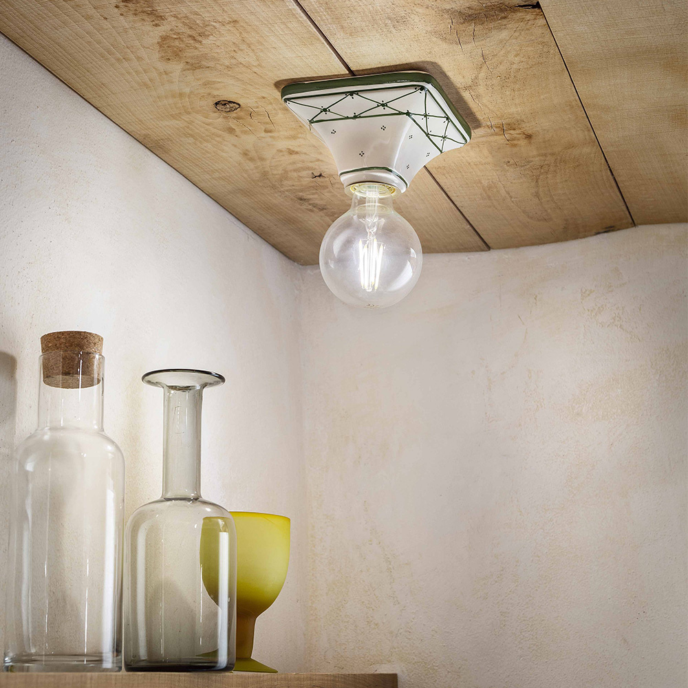 Plafoniera Classica Trieste Bianco Decorato Filo Verde Prato 1 Luce E27 C135-27-DEC-RMV