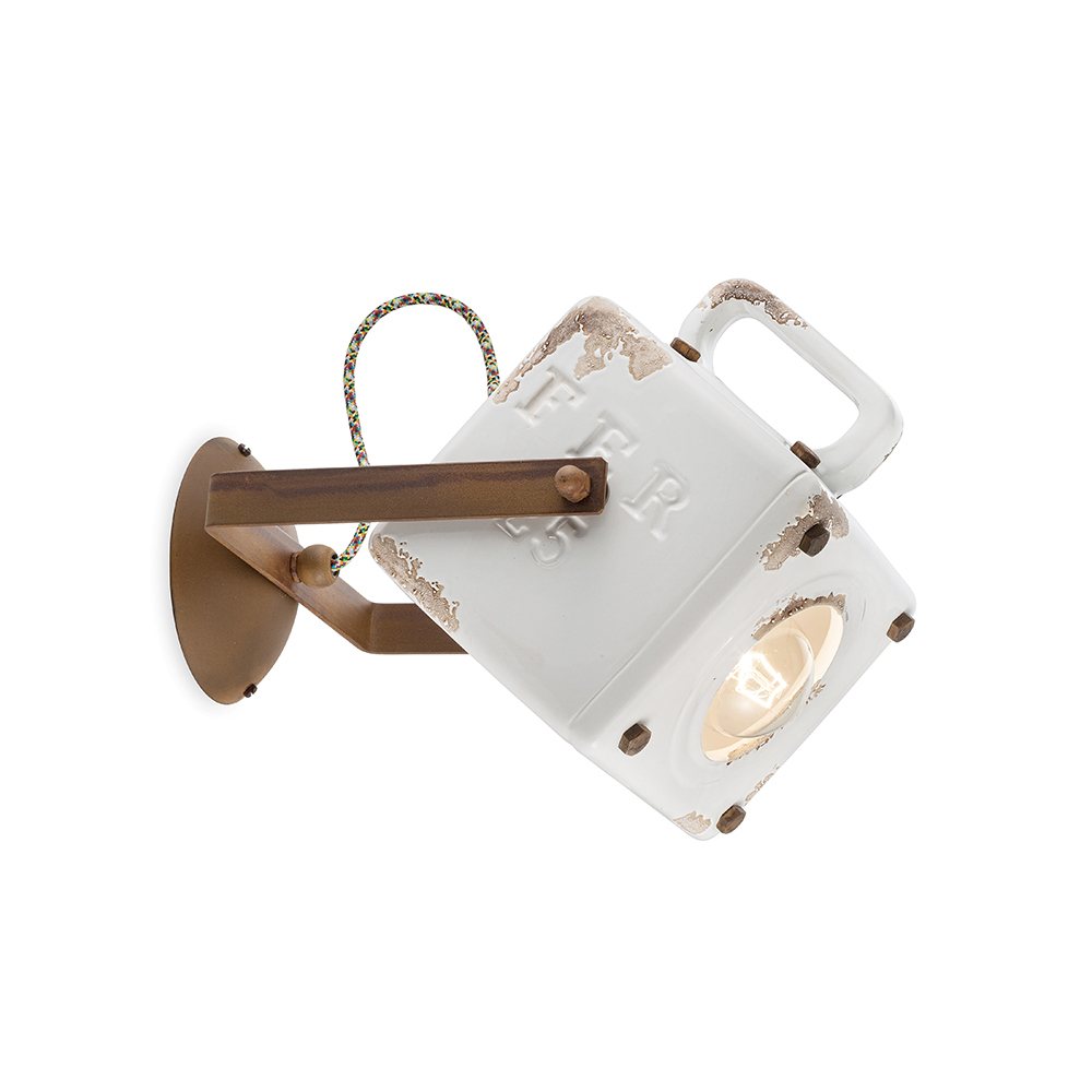 Applique Vintage Industrial Cubica Ferro E Ceramica Bianco 1 Luce E27