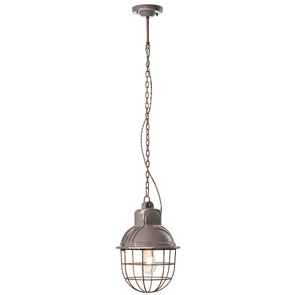 Lampadario Industrial Ferro E Ceramica Con Rete Vintage Tortora 1 Luce E27 26Cm
