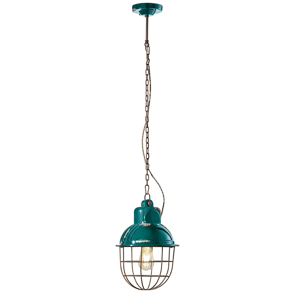Lampadario Industrial Ferro E Ceramica Con Rete Vintage Verde 1 Luce E27 26Cm