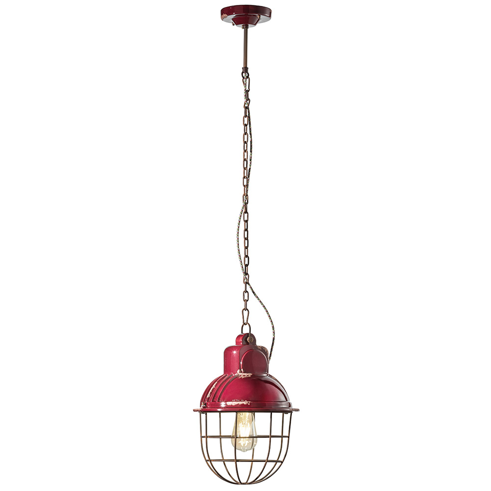 Lampadario Industrial Ferro E Ceramica Con Rete Vintage Bordeaux 1 Luce E27 26Cm