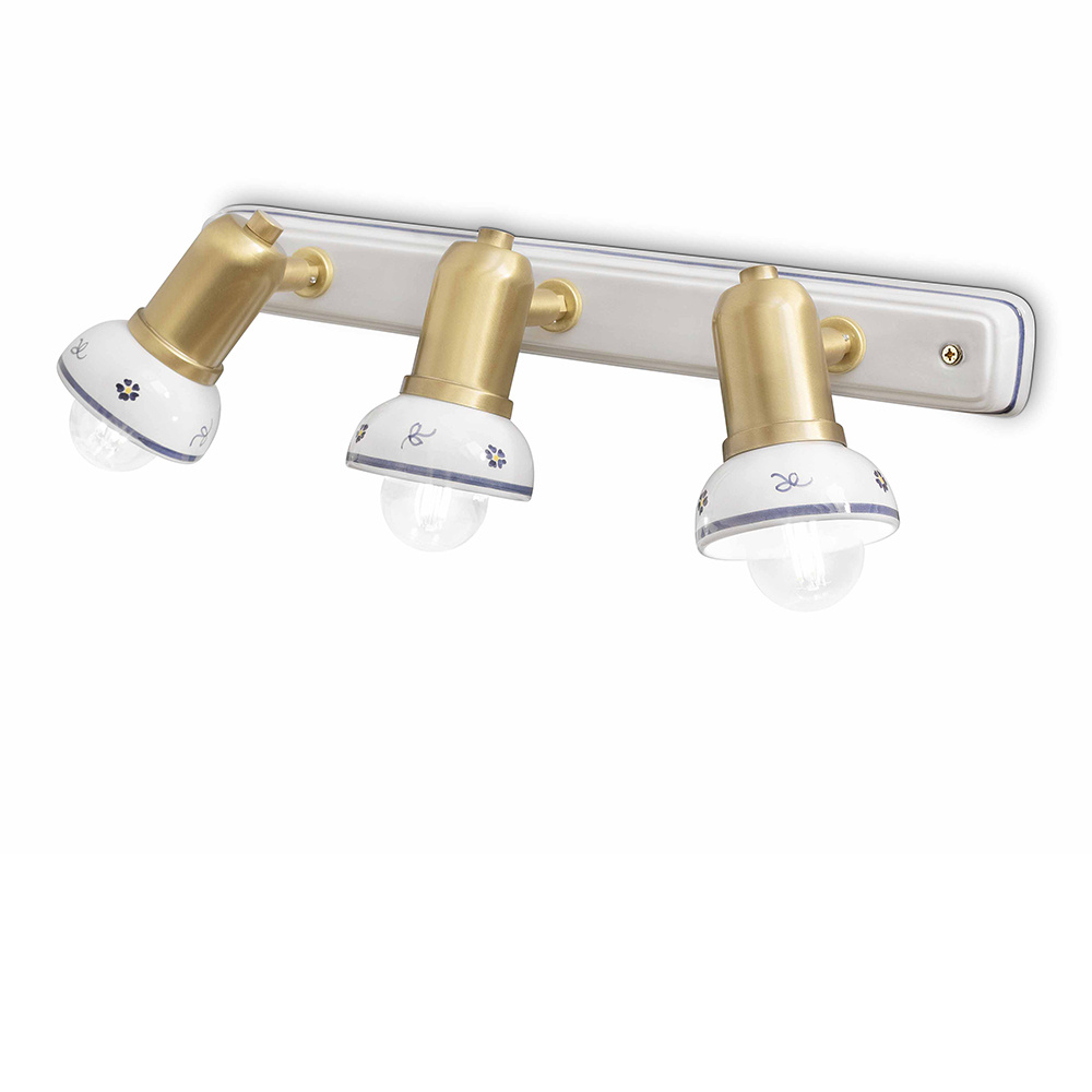 Image of Applique Classica Savona Ceramica E Ottone Satinato Decorato Filo Blu 3 Luci E14
