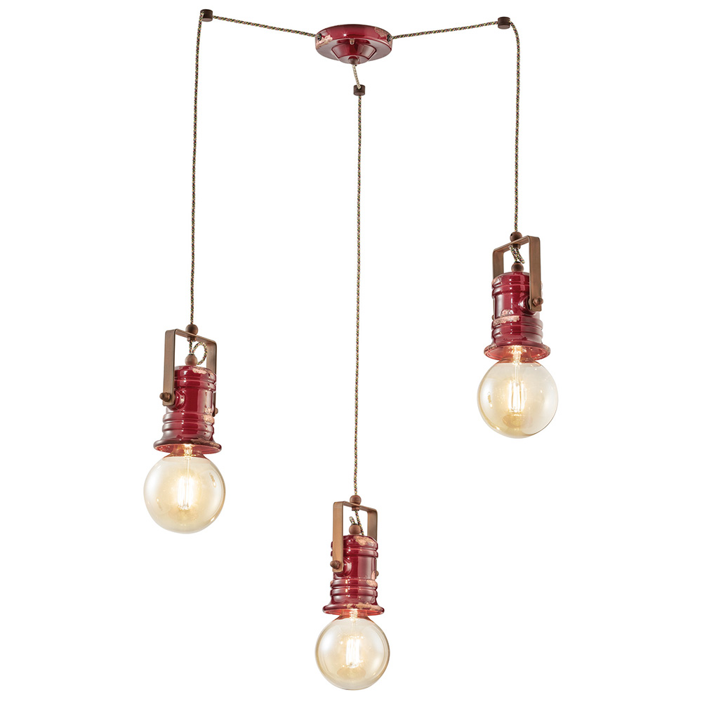 Lampadario Industrial Minimal Urban Ferro Ceramica Vintage Bordeaux 3 Luci  E27