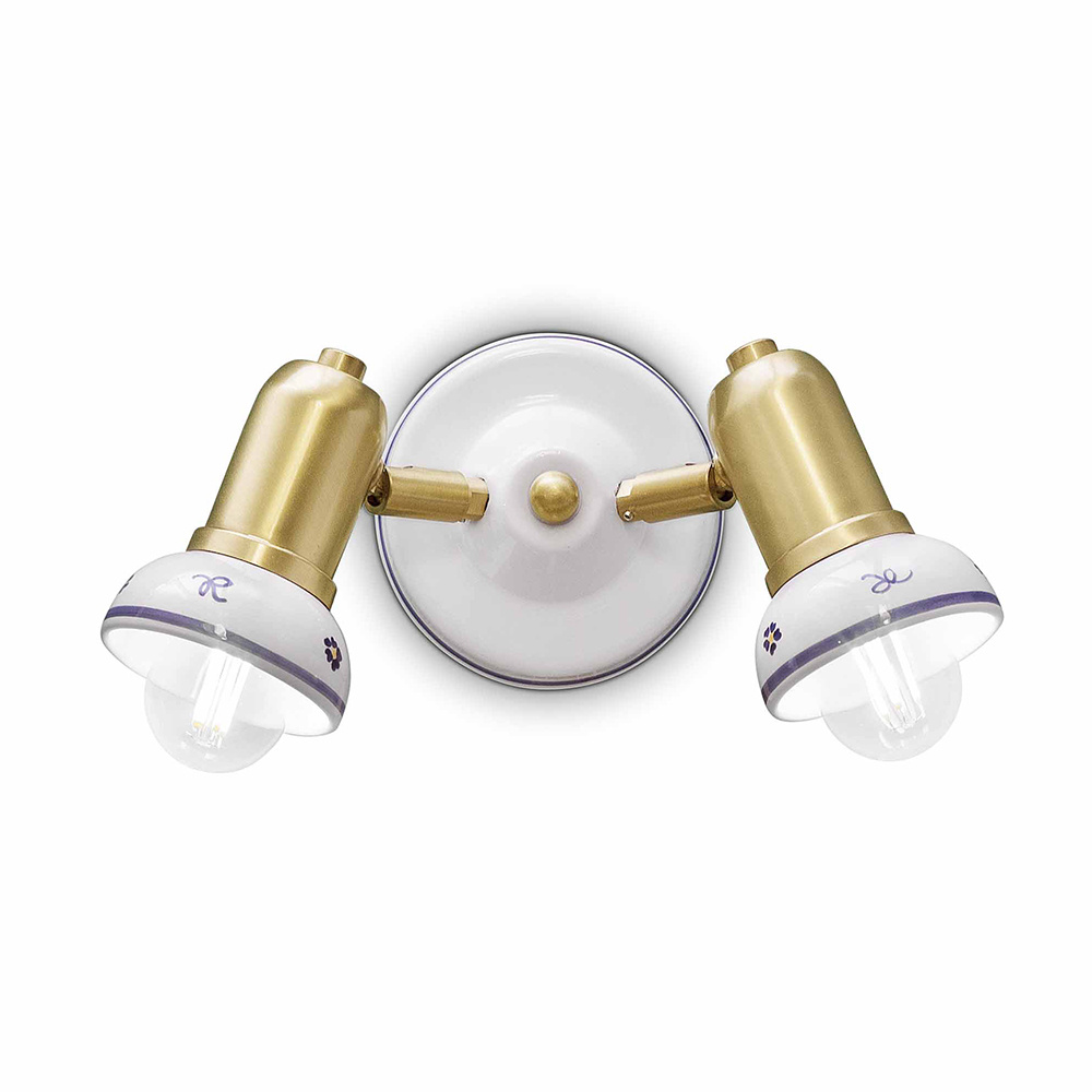 Image of Applique Classica Savona Ceramica E Ottone Satinato Decorato Filo Blu 2 Luci E14