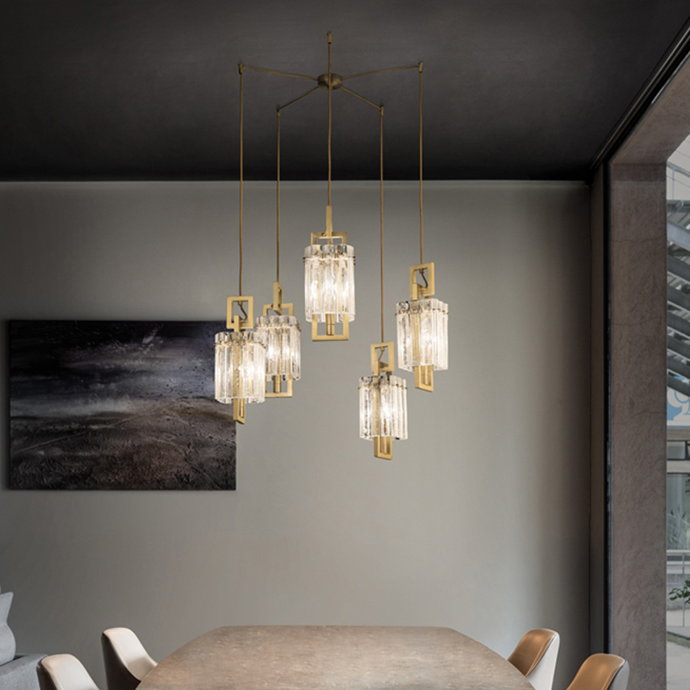 Sospensione Classica Crek Metallo Ottone Vetro 5 Luci CREK-S5