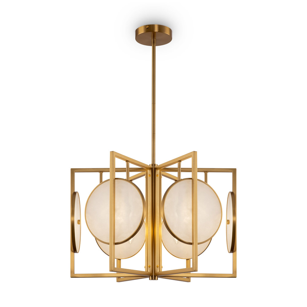 Image of Lampadario Contemporaneo Marmo Metallo Oro 6 Luci Diffusori Bianchi