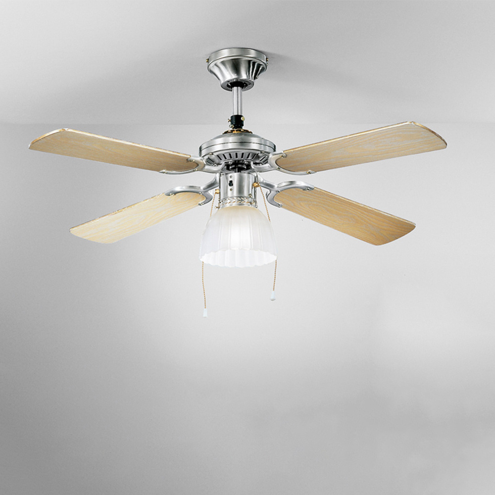 Ventilatore Metallo Cromo Spazzolato 1 Luce E27 4 Pale Legno Bianco Noce Gemini 7064CR