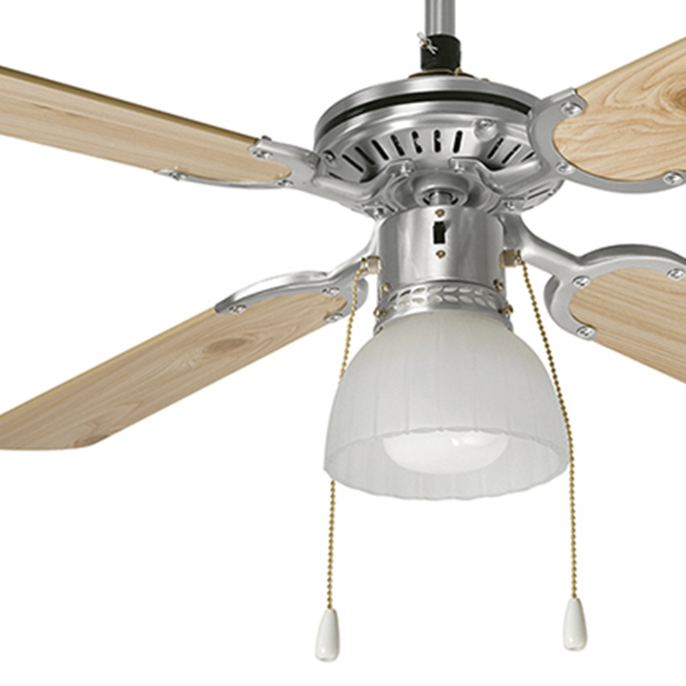Ventilatore Metallo Cromo Spazzolato 1 Luce E27 4 Pale Legno Bianco Noce Gemini 7064CR