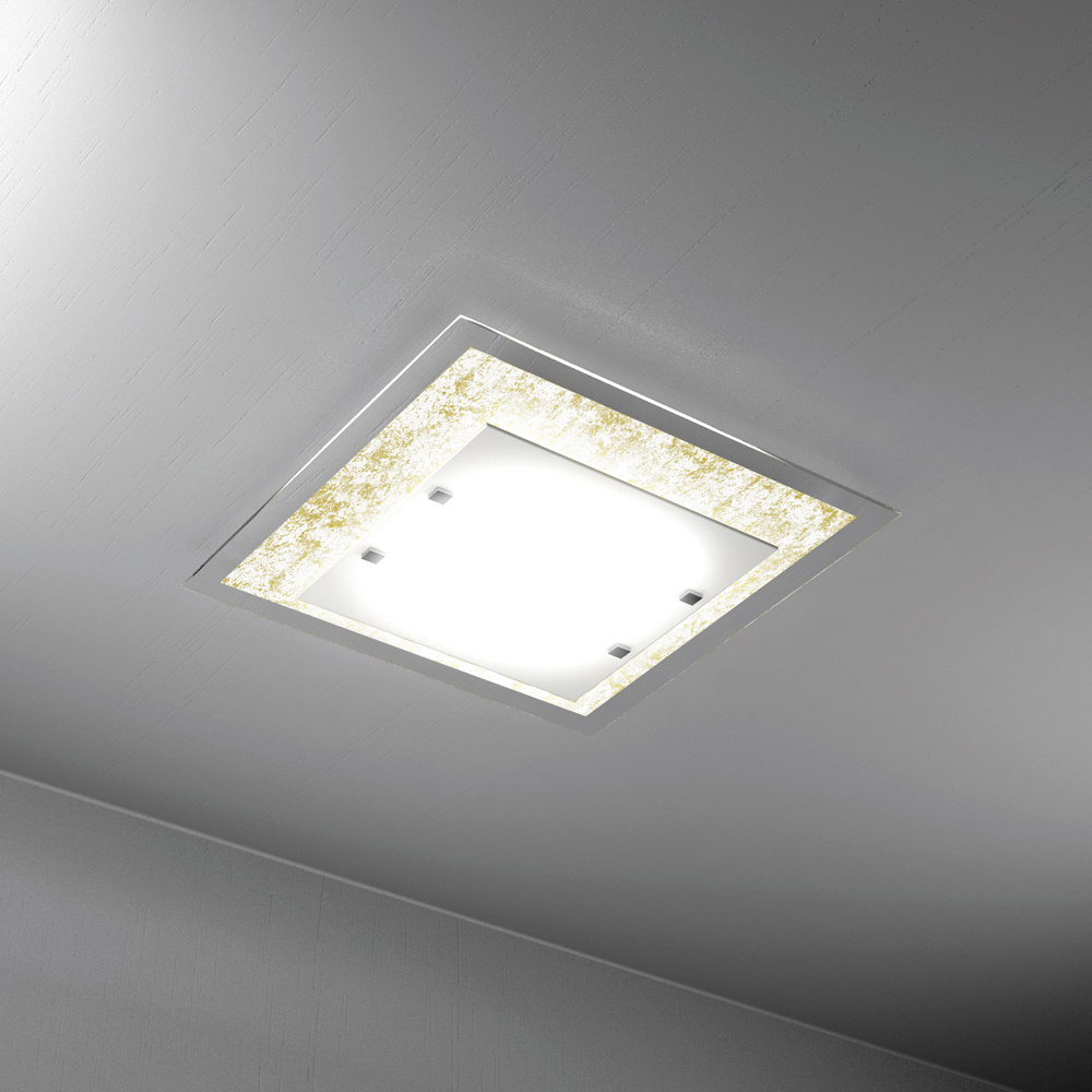 Plafoniera Moderna Tray Metallo Bianco Vetro Foglia Oro 2 Luci E27 1087_45-FO