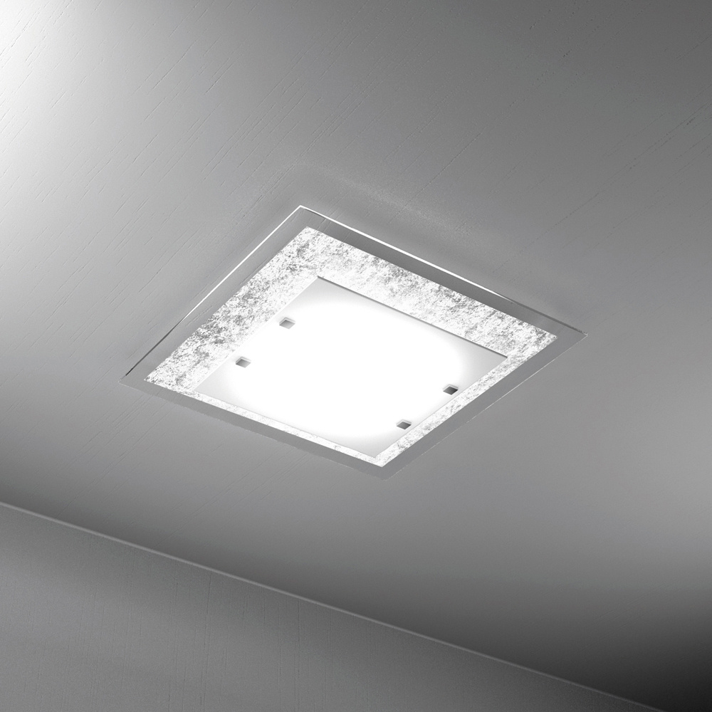 Plafoniera Moderna Tray Metallo Bianco Vetro Foglia Argento 4 Luci E27 1087_60-FA